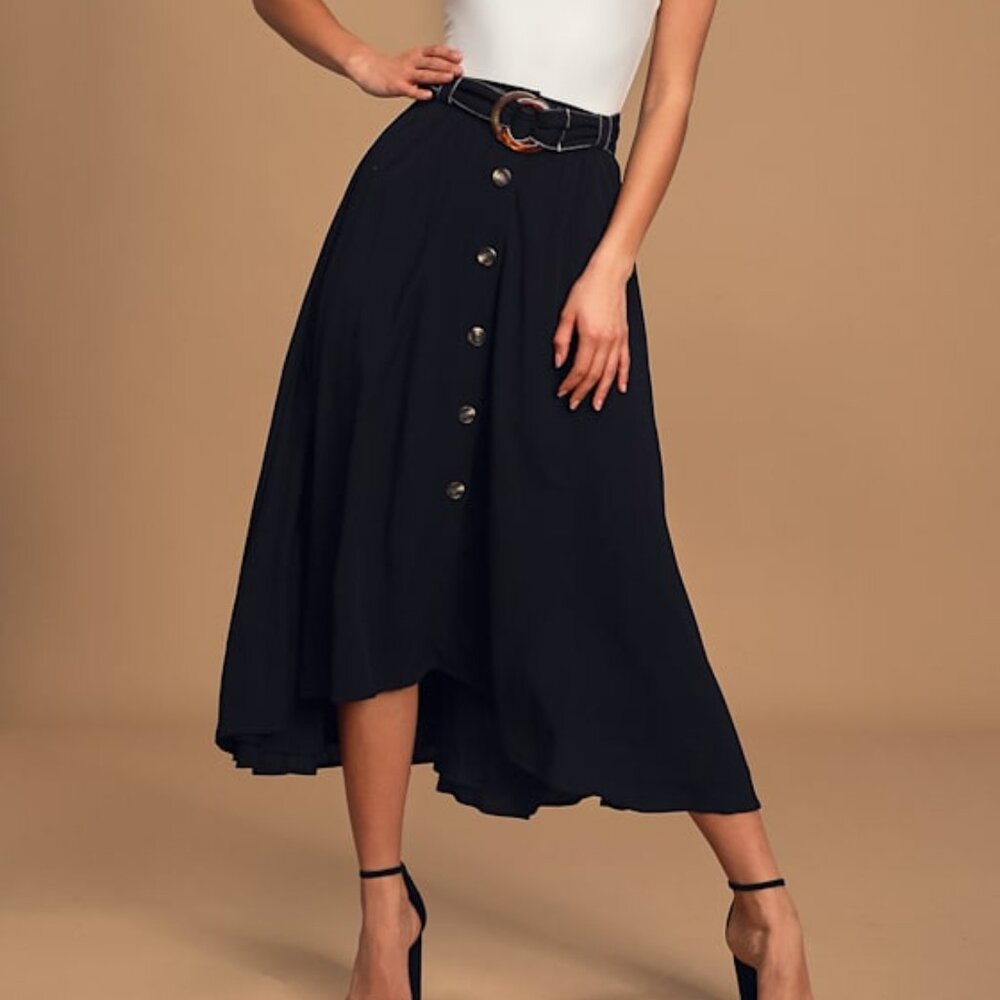 Lulus Black High-low Midi Skirt With Belt - Size L
